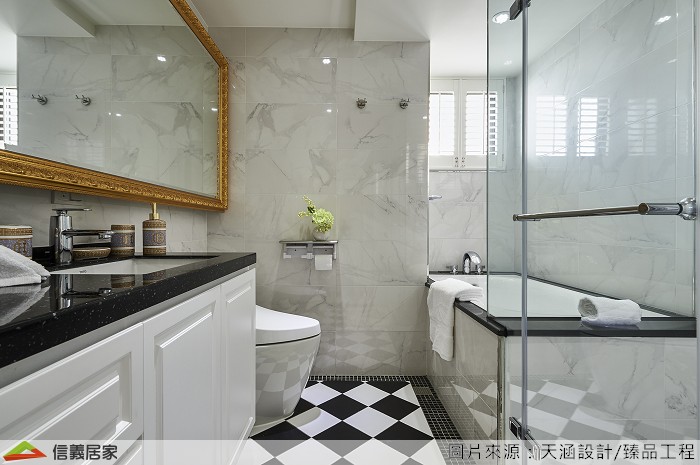 拋光石英磚 表面光滑、可營造出高雅氣息與奢華的精品質感，常見於飯店衛浴等空間。