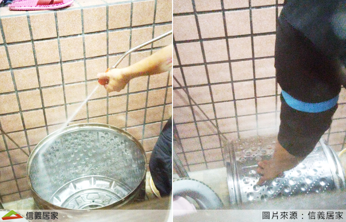 直著也洗、躺著也洗；雖然隔著窗戶拍得不清楚，但還是看得出來高壓水柱把桶子沖洗的很乾淨。
