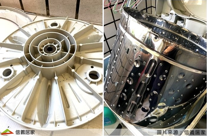 洗完之後真是亮晶晶！而且連奇形怪狀的角落細縫，都洗得乾乾淨淨。雖然平常我也有用洗衣槽清潔劑，但像這些死角的深層汙垢，絕不是洗衣槽清潔劑可以去除的，那只能當作日常清潔保養，上網查了一些資料，一般是建議每隔1~2年要做一次深層清潔。