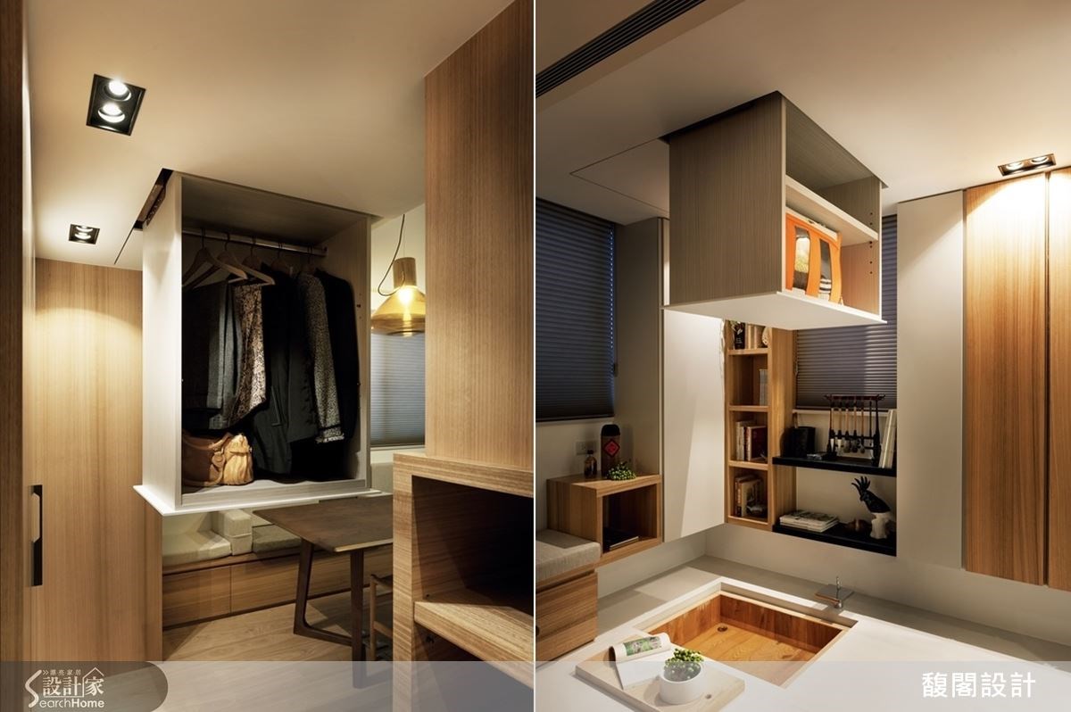 巧妙利用天花板空間大造電動升降衣櫃，滿足屋主方便拿取收納的需求，也改變了夾層的收納方式。