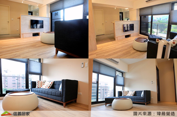 電視矮牆的面材選用類清水模樣式，呼應玄關區的深色地板。