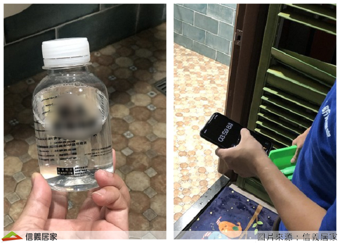 免敲打！防滑地板60分鐘內搞定，地板全乾後就開始上塗料囉！師傅經驗老到快手施工完成，之後就開始５分鐘的風乾作業，確保塗料吃進磁磚表面，師傅還可愛的用手機認真計時，看了看說這還是算慢的，因為我們家是拋光磚因此時間較長，如果是吸水率稍高的磁磚，時間應該可以更短一些。