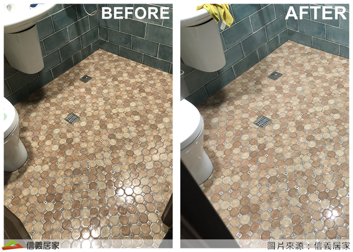 免敲打！防滑地板60分鐘內搞定，完工後，師傅開始進行做潑水測試，印象最深刻的是竟然連沐浴乳都不會滑！！！師傅一臉驕傲地說：「以後只要用地板清潔劑刷洗，防滑效果至少可以維持兩年沒有問題。」後來我們等地板完全乾燥後，看得出有點像塗了一層消光漆，外觀其實沒有影響，CP值非常高啊