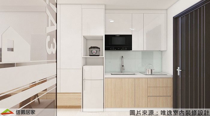 一字型的廚具最適合愛開伙的小宅族啦～搞定收納外還可嵌入冰箱、洗碗機等大型家電，瞬間清爽了整體空間。