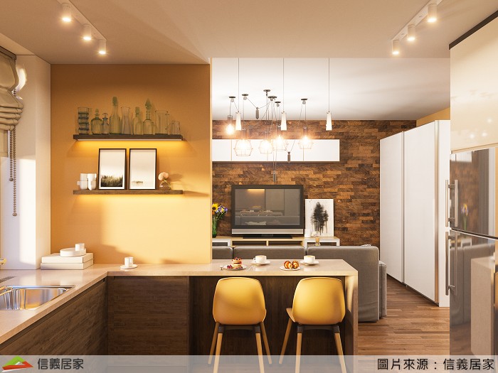 天天和白牆乾瞪眼，你食之無味了嗎？想天天擁抱陽光好心情，何不選一面牆永遠撒上金黃，如果擔心駕馭不了可以從２個地方偷偷嘗試： ★選低彩度或低明度：鵝黃色、檸檬黃、奶油黃。 ★置入層架或裝飾：讓牆面裝飾感更濃厚，降低突兀感。