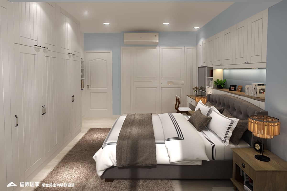 白色臥室室內裝潢設計，包括床、收納櫃裝潢圖片