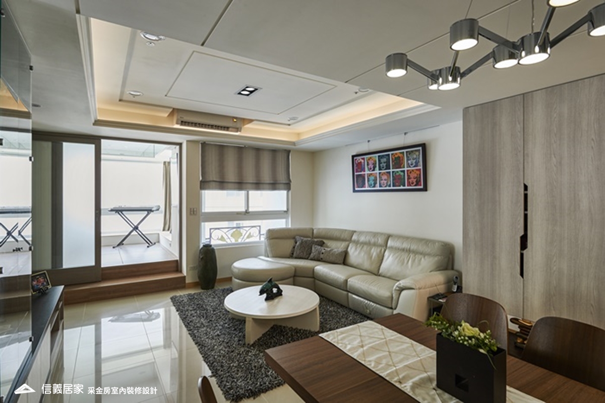 米色客廳室內裝潢設計，包括沙發、收納櫃、燈具裝潢圖片