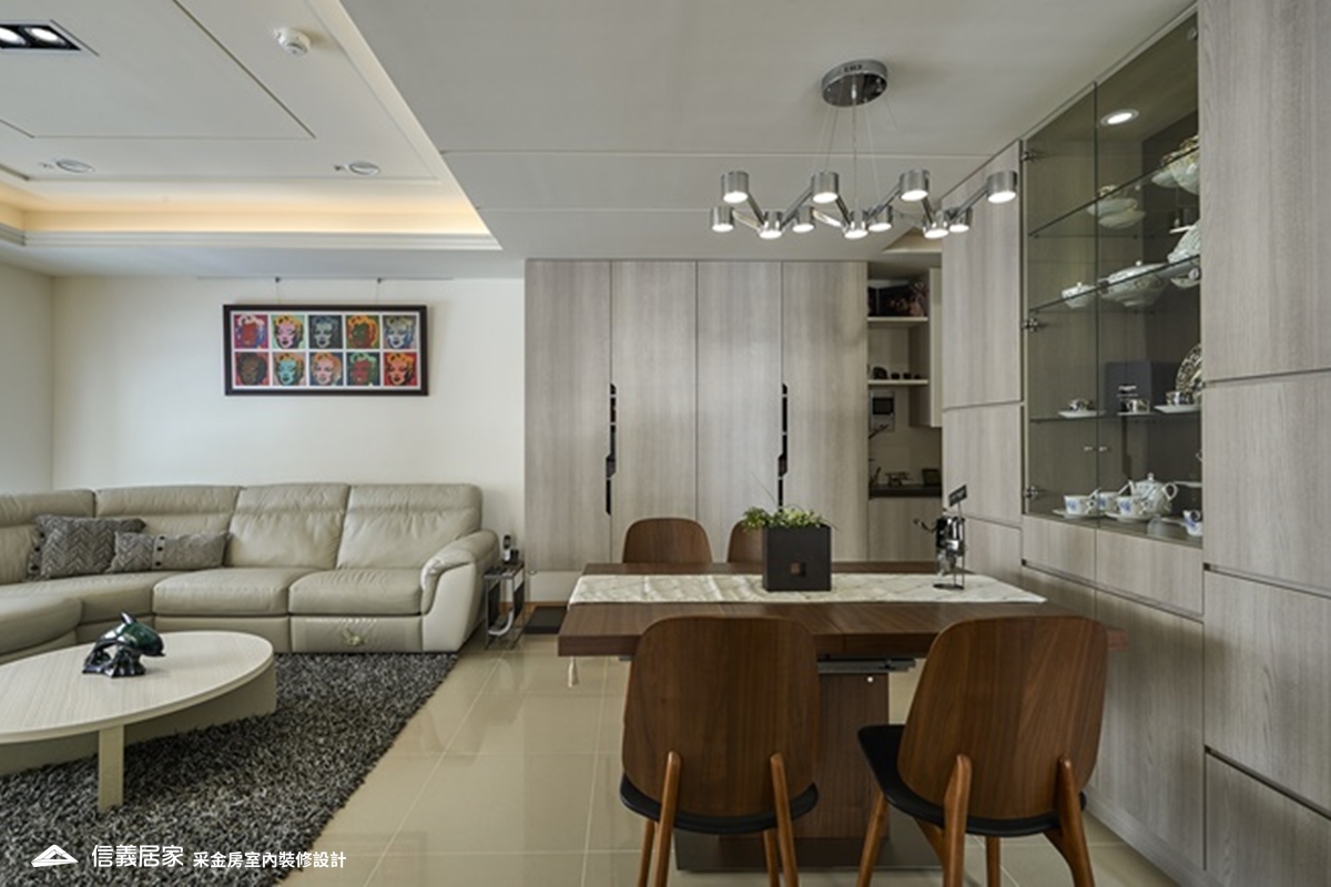 米色餐廳室內裝潢設計，包括餐桌、燈具、餐椅裝潢圖片