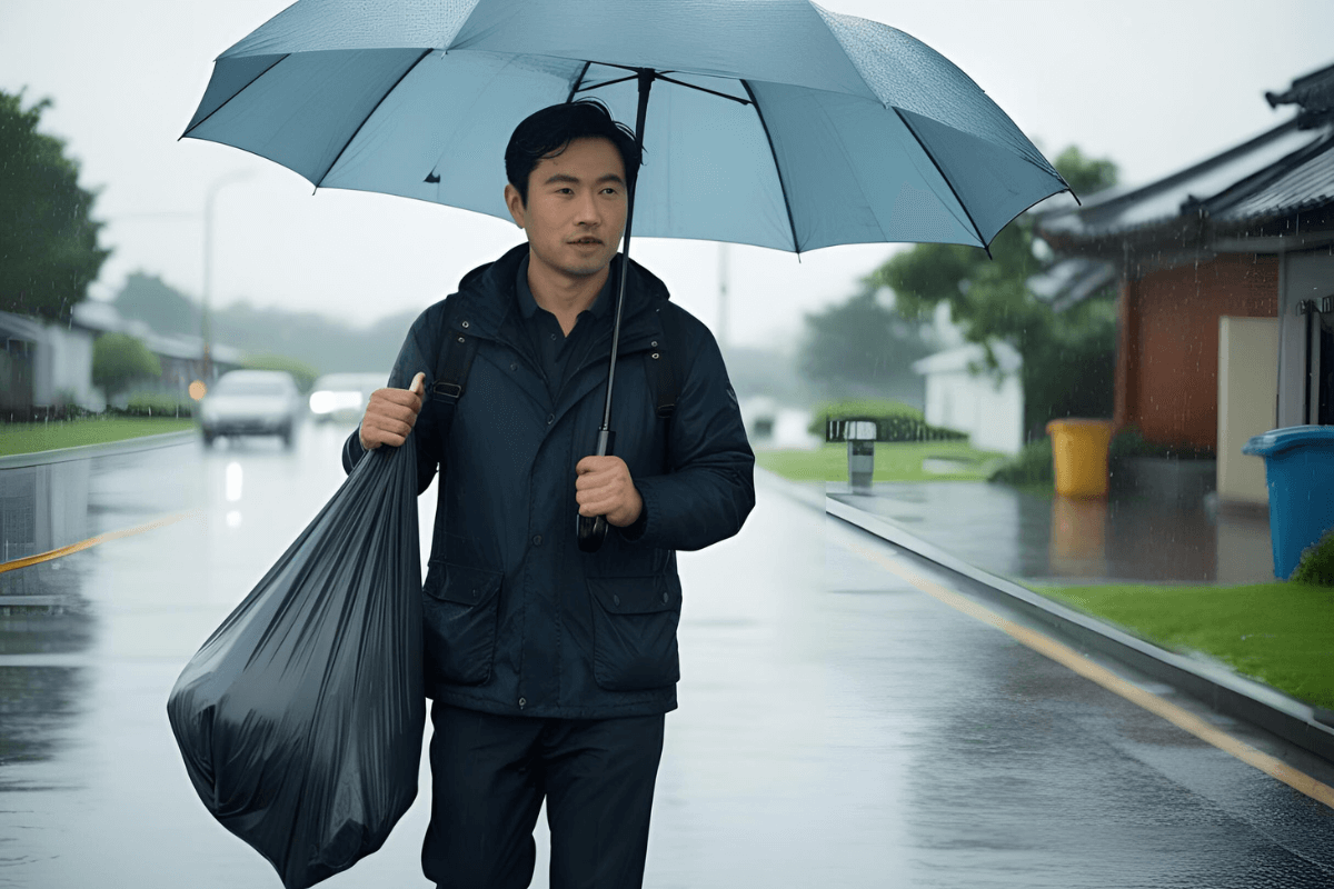 下雨冷天倒垃圾，溼答答好狼狽！