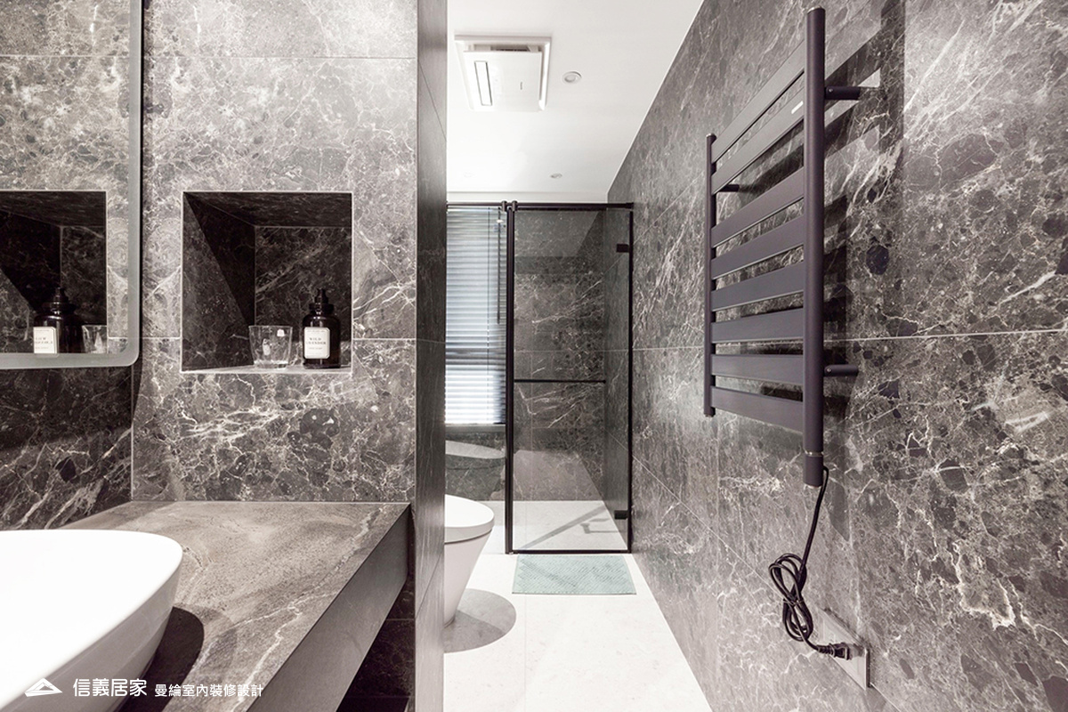 次浴-1-大理石 大板磚 烤漆 藝術漆 鍍鈦飾條 明鏡