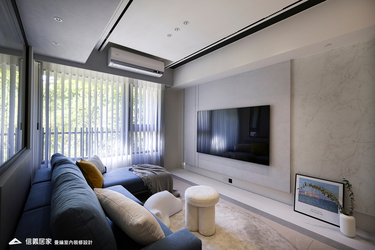 客廳-2-藝術漆 鍍鈦飾條 灰鏡 美術吊燈 柔紗直立簾 進口木百葉