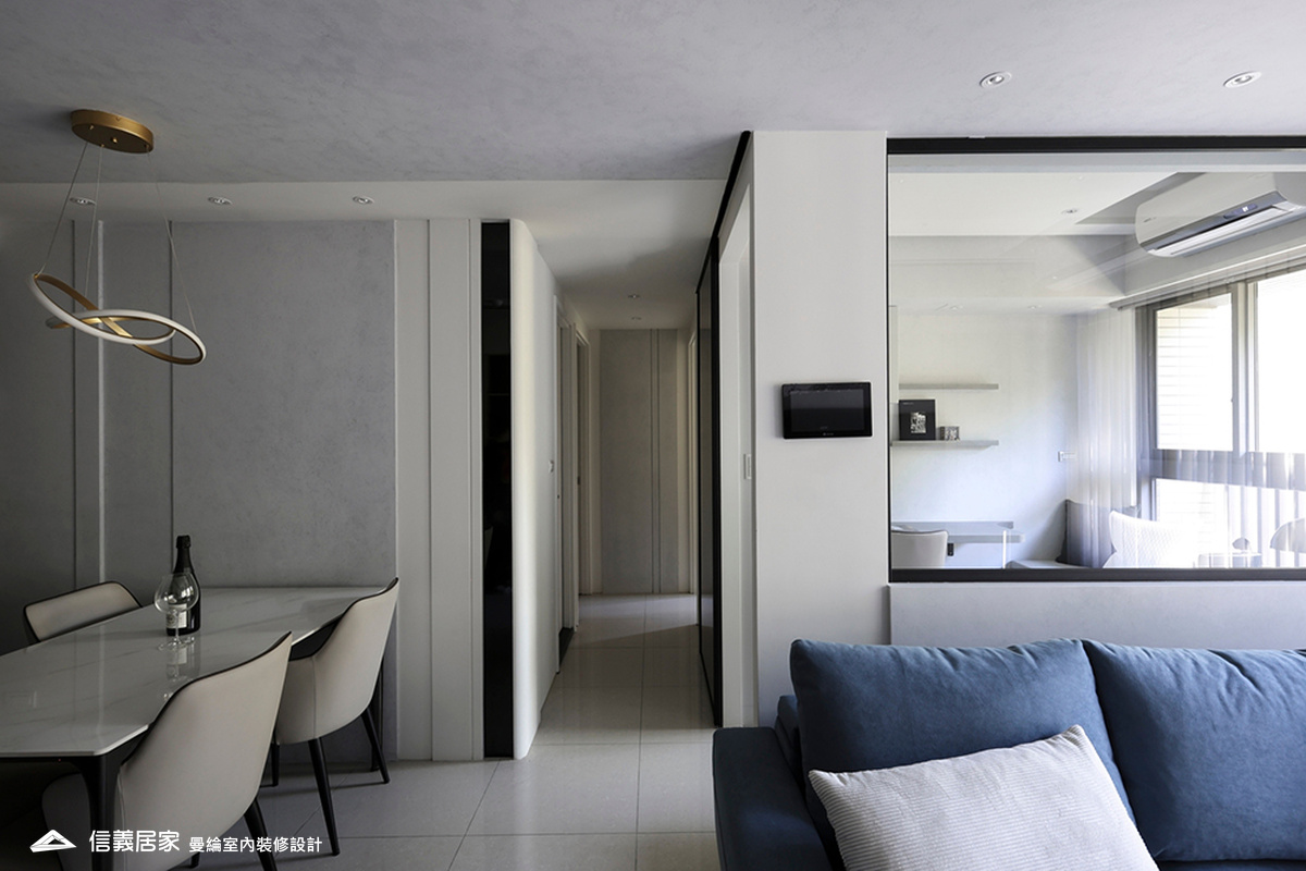 客廳-5-藝術漆 鍍鈦飾條 灰鏡 美術吊燈 柔紗直立簾 進口木百葉