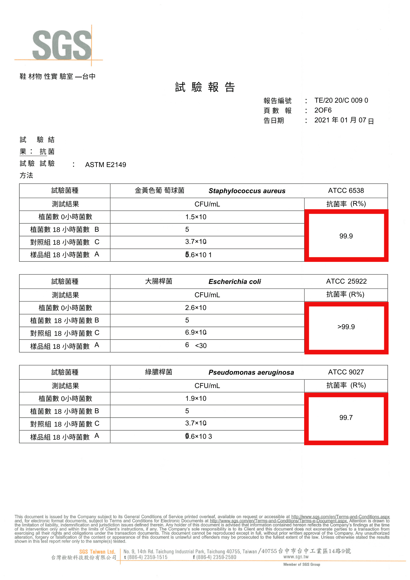 SGS|抑菌報告(抗菌率99%以上)