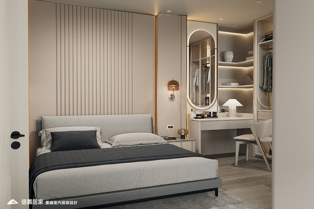 主臥-2-退休宅 輕奢風 大板磚 鍍鈦飾條 格柵 美術吊燈