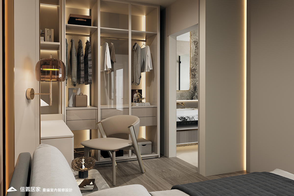 主臥-4-退休宅 輕奢風 大板磚 鍍鈦飾條 格柵 美術吊燈