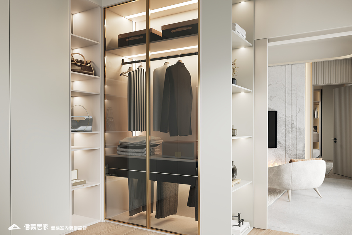 主臥-5-退休宅 輕奢風 大板磚 鍍鈦飾條 格柵 美術吊燈