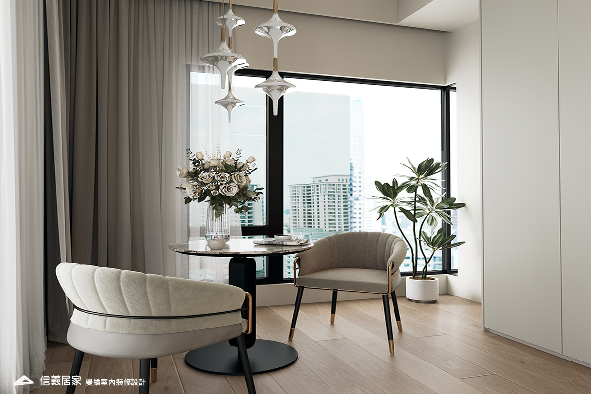 多功能區-1-退休宅 輕奢風 大板磚 鍍鈦飾條 格柵 美術吊燈