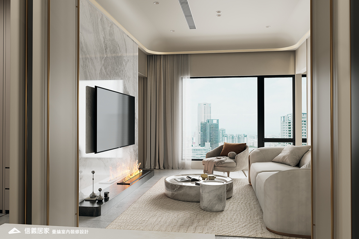 客廳-2-退休宅 輕奢風 大板磚 鍍鈦飾條 格柵 美術吊燈