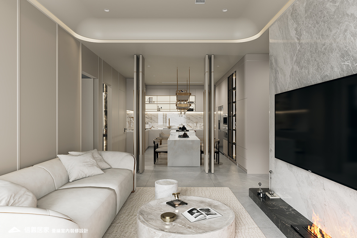 客廳-3-退休宅 輕奢風 大板磚 鍍鈦飾條 格柵 美術吊燈