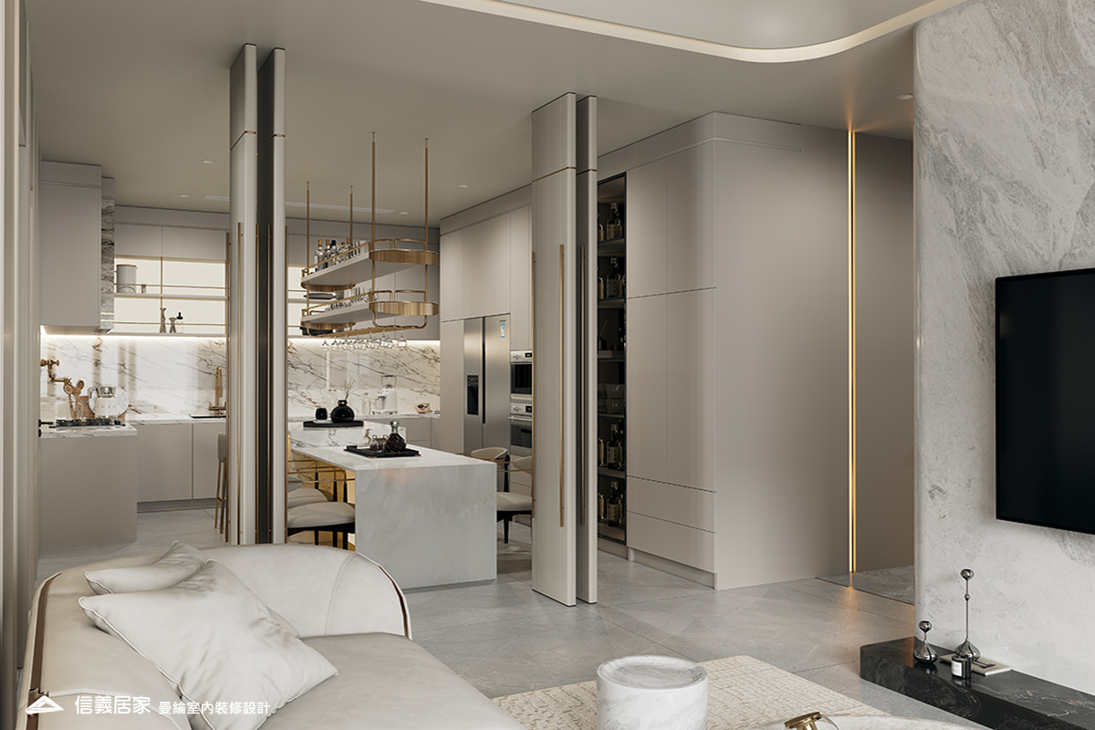 客廳-5-退休宅 輕奢風 大板磚 鍍鈦飾條 格柵 美術吊燈