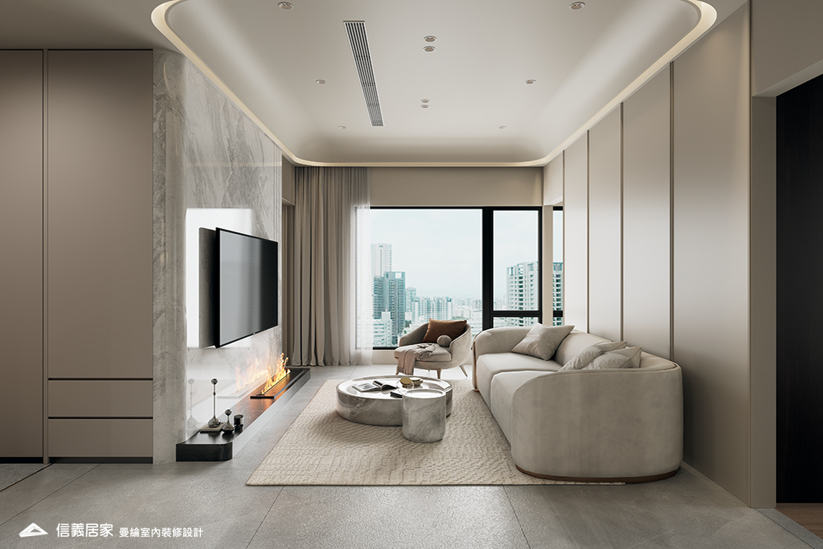 客廳-6-退休宅 輕奢風 大板磚 鍍鈦飾條 格柵 美術吊燈