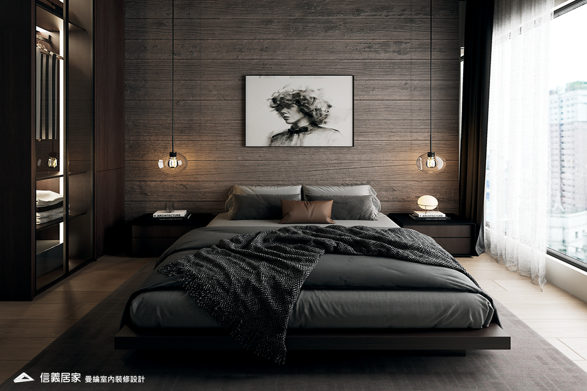 次臥-1-退休宅 輕奢風 大板磚 鍍鈦飾條 格柵 美術吊燈