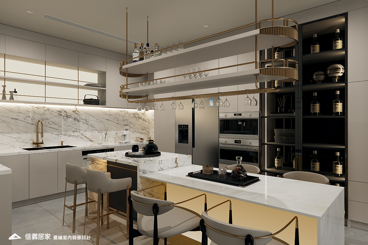 餐廳-1-退休宅 輕奢風 大板磚 鍍鈦飾條 格柵 美術吊燈