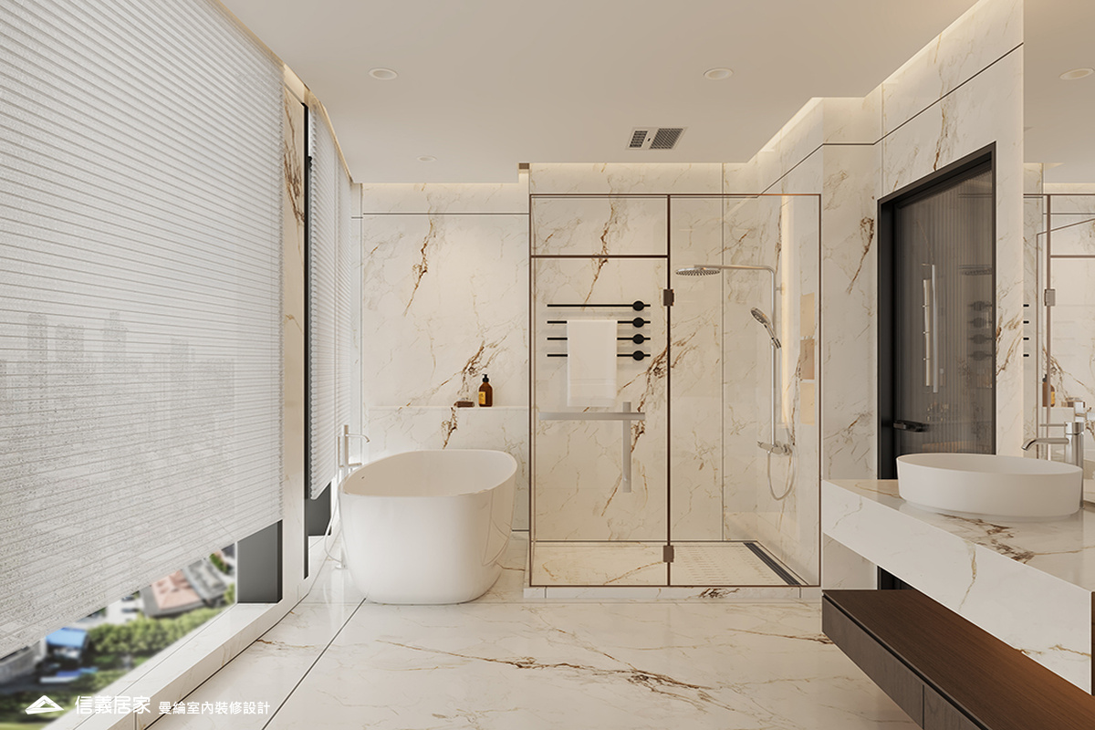 主浴-1-退休宅 輕奢風 大板磚 鍍鈦飾條 格柵 美術吊燈