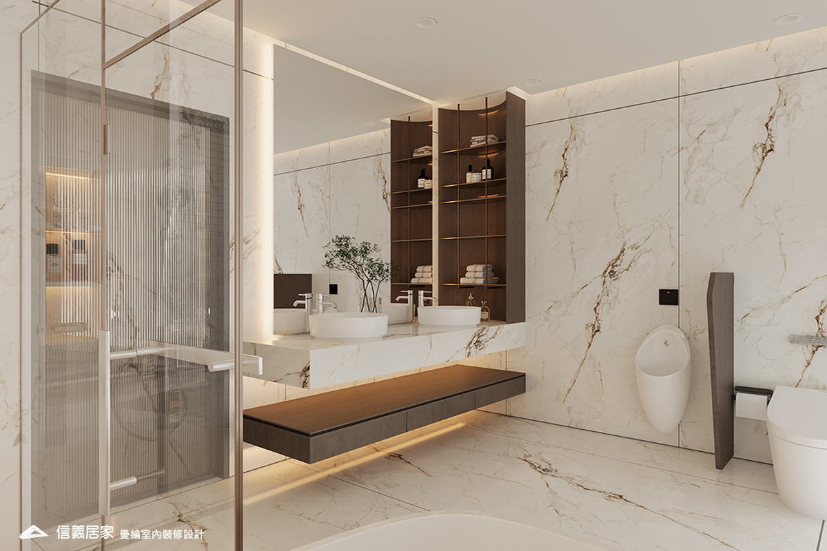 主浴-2-退休宅 輕奢風 大板磚 鍍鈦飾條 格柵 美術吊燈