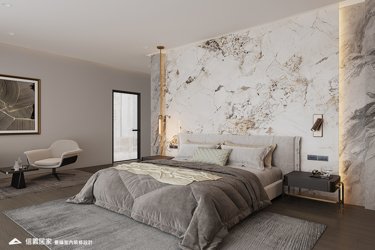 主臥-2-退休宅 輕奢風 大板磚 鍍鈦飾條 格柵 美術吊燈