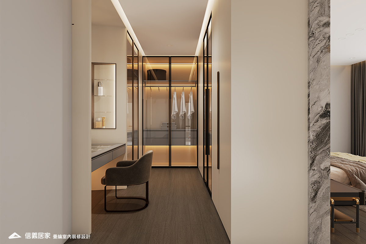 主臥-4-退休宅 輕奢風 大板磚 鍍鈦飾條 格柵 美術吊燈