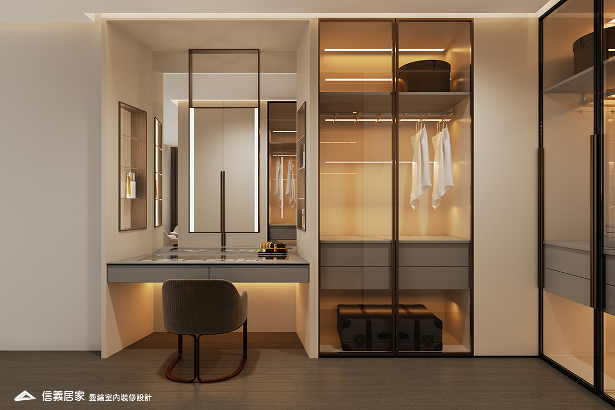 主臥-5-退休宅 輕奢風 大板磚 鍍鈦飾條 格柵 美術吊燈