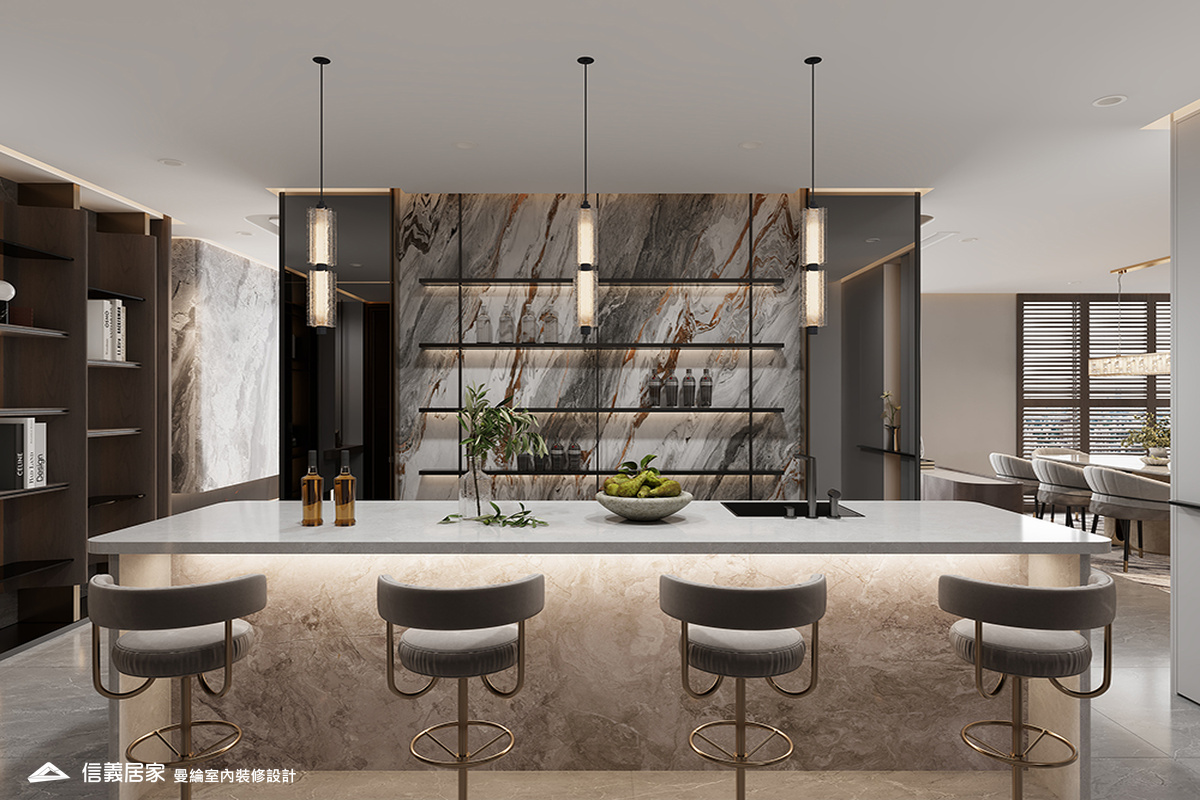 吧檯-2-退休宅 輕奢風 大板磚 鍍鈦飾條 格柵 美術吊燈