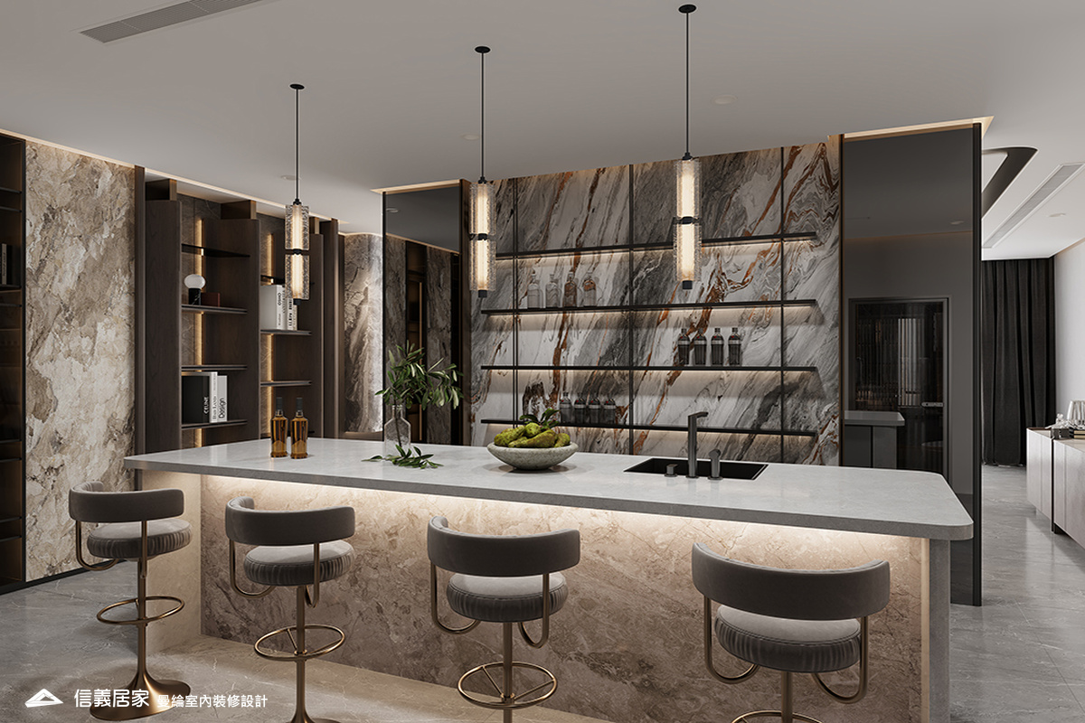 吧檯-3-退休宅 輕奢風 大板磚 鍍鈦飾條 格柵 美術吊燈