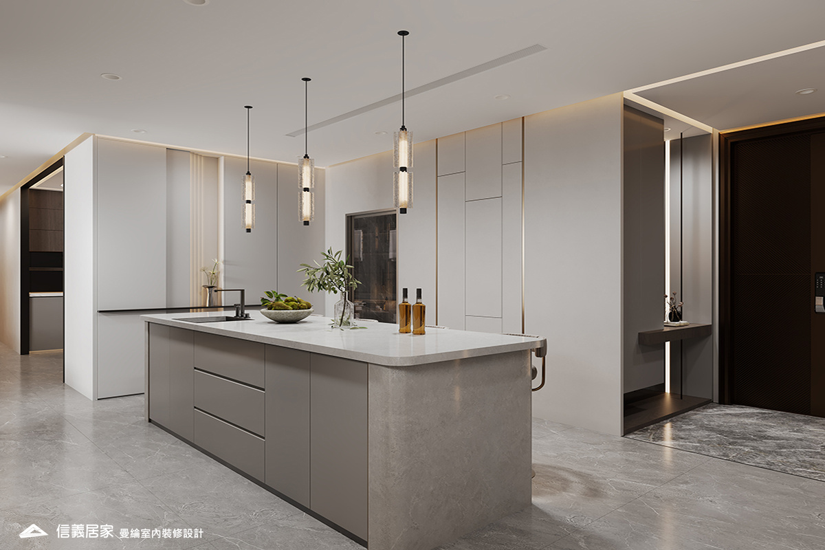 吧檯-4-退休宅 輕奢風 大板磚 鍍鈦飾條 格柵 美術吊燈