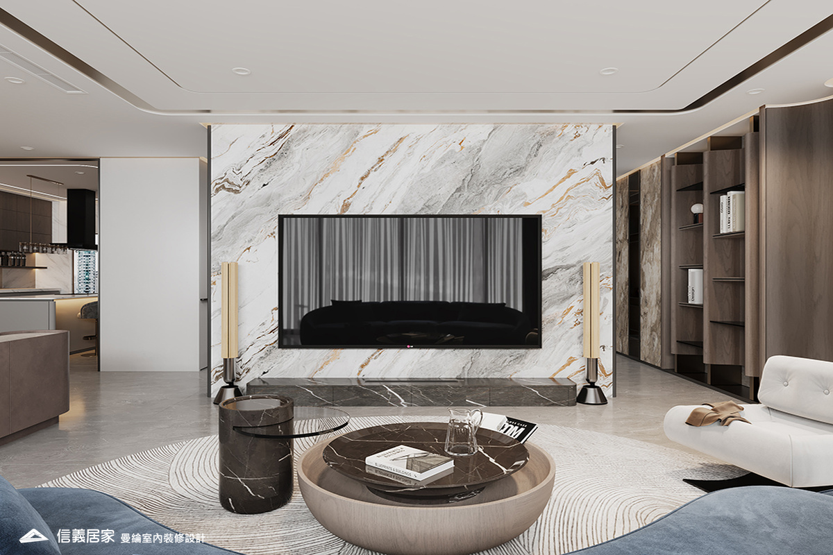 客廳-2-退休宅 輕奢風 大板磚 鍍鈦飾條 格柵 美術吊燈