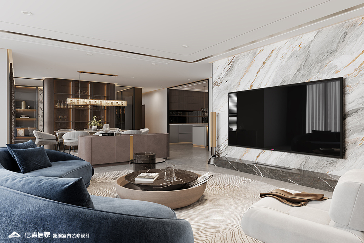 客廳-3-退休宅 輕奢風 大板磚 鍍鈦飾條 格柵 美術吊燈