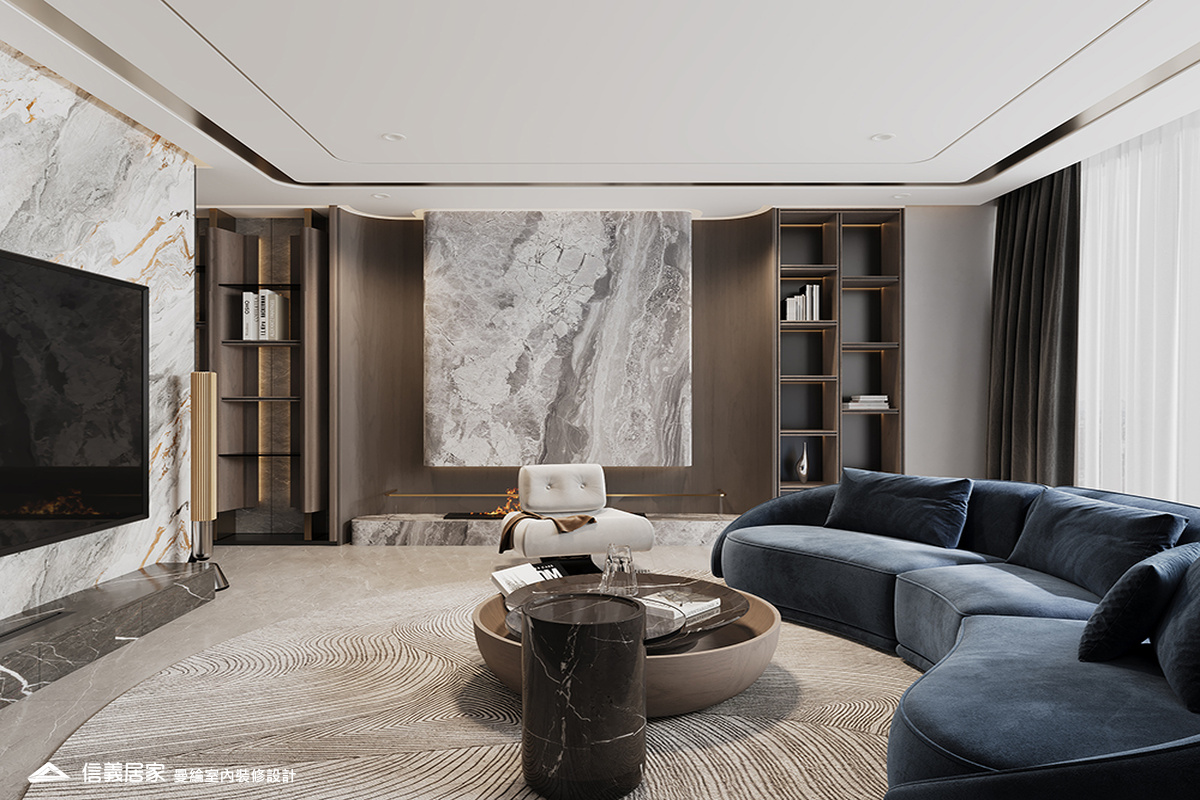 客廳-4-退休宅 輕奢風 大板磚 鍍鈦飾條 格柵 美術吊燈