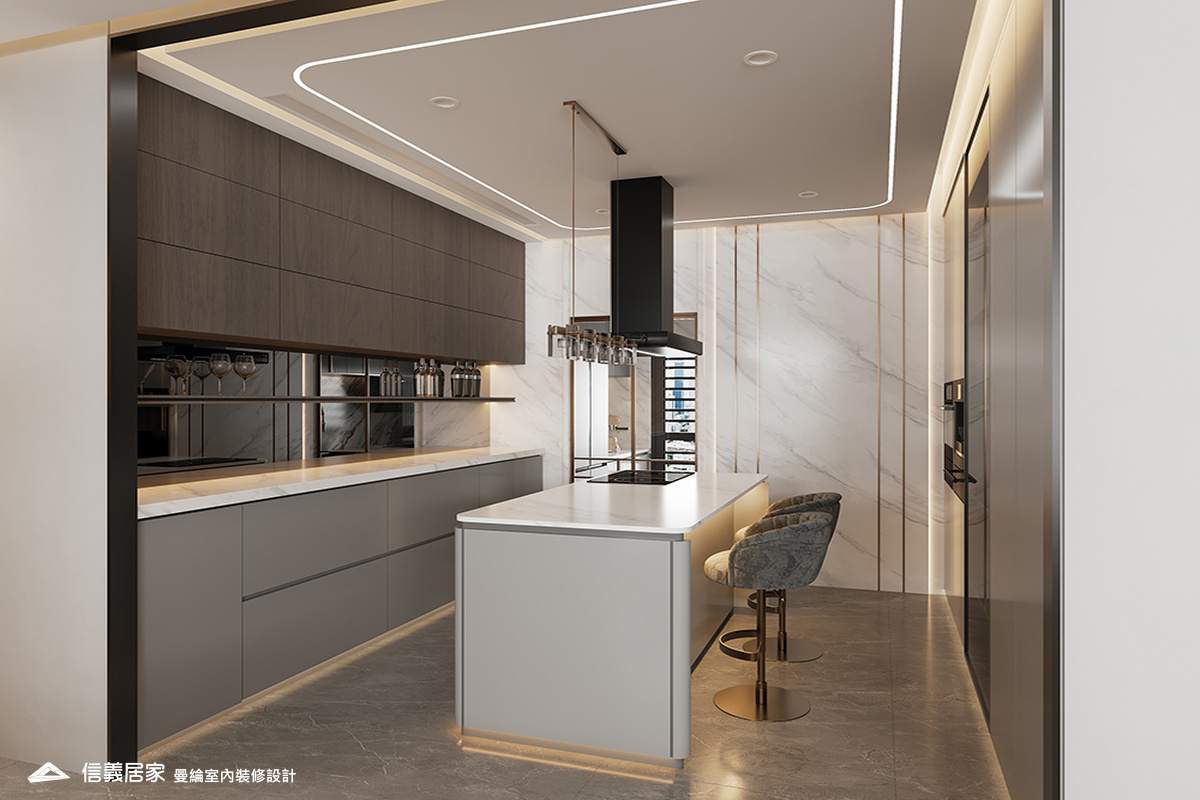 廚房-1-退休宅 輕奢風 大板磚 鍍鈦飾條 格柵 美術吊燈