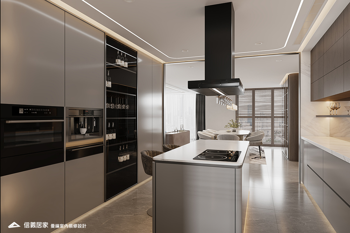 廚房-2-退休宅 輕奢風 大板磚 鍍鈦飾條 格柵 美術吊燈