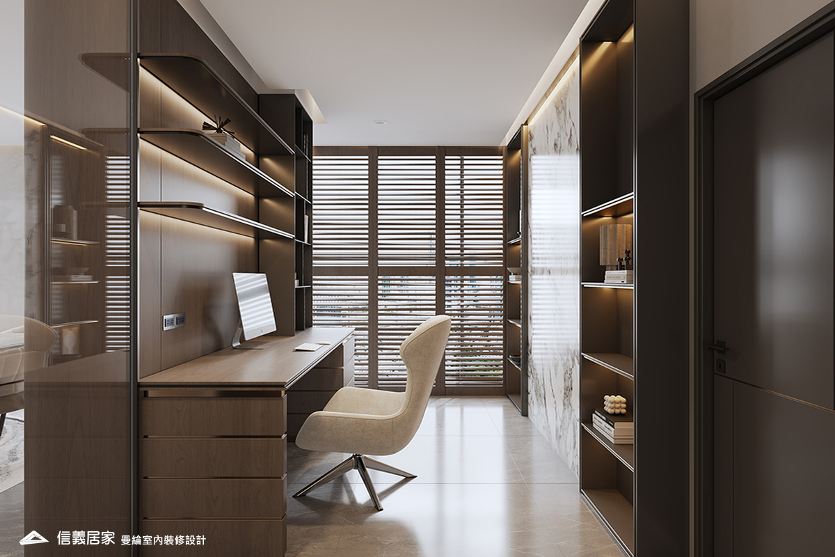 書房-1-退休宅 輕奢風 大板磚 鍍鈦飾條 格柵 美術吊燈