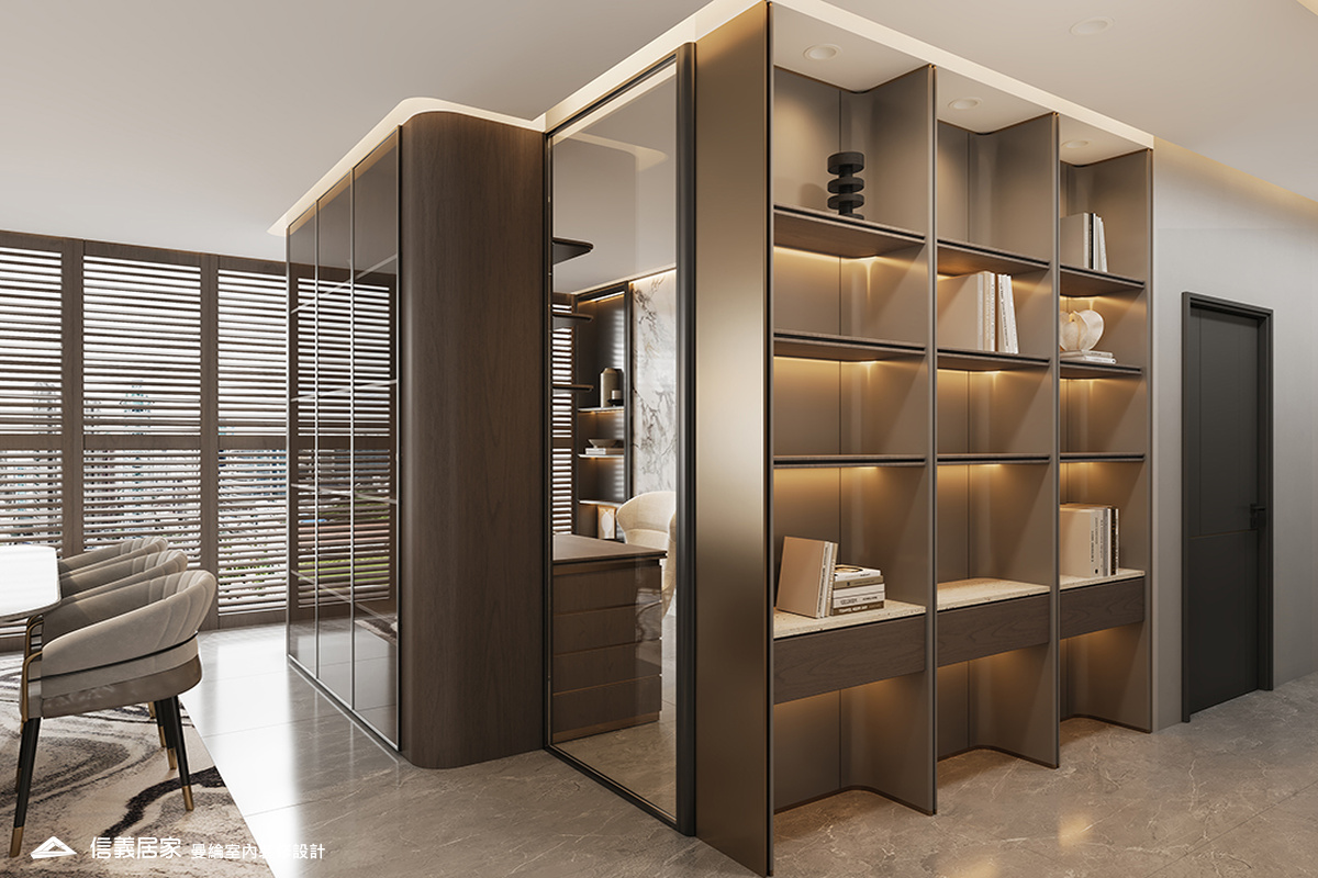 書房-3-退休宅 輕奢風 大板磚 鍍鈦飾條 格柵 美術吊燈