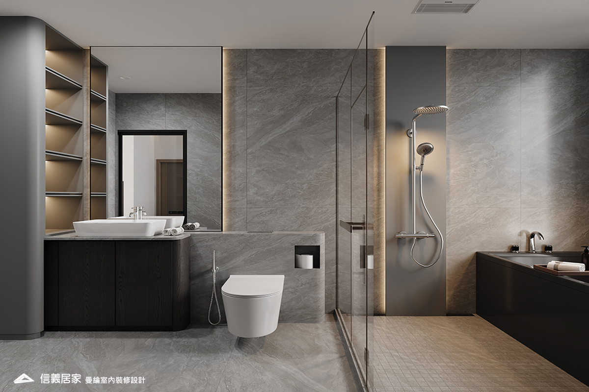 次浴-1-退休宅 輕奢風 大板磚 鍍鈦飾條 格柵 美術吊燈