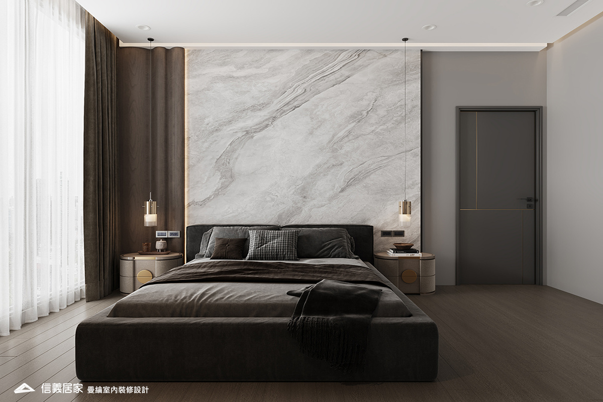 次臥1-1-退休宅 輕奢風 大板磚 鍍鈦飾條 格柵 美術吊燈