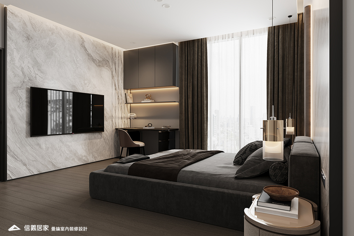 次臥1-2-退休宅 輕奢風 大板磚 鍍鈦飾條 格柵 美術吊燈