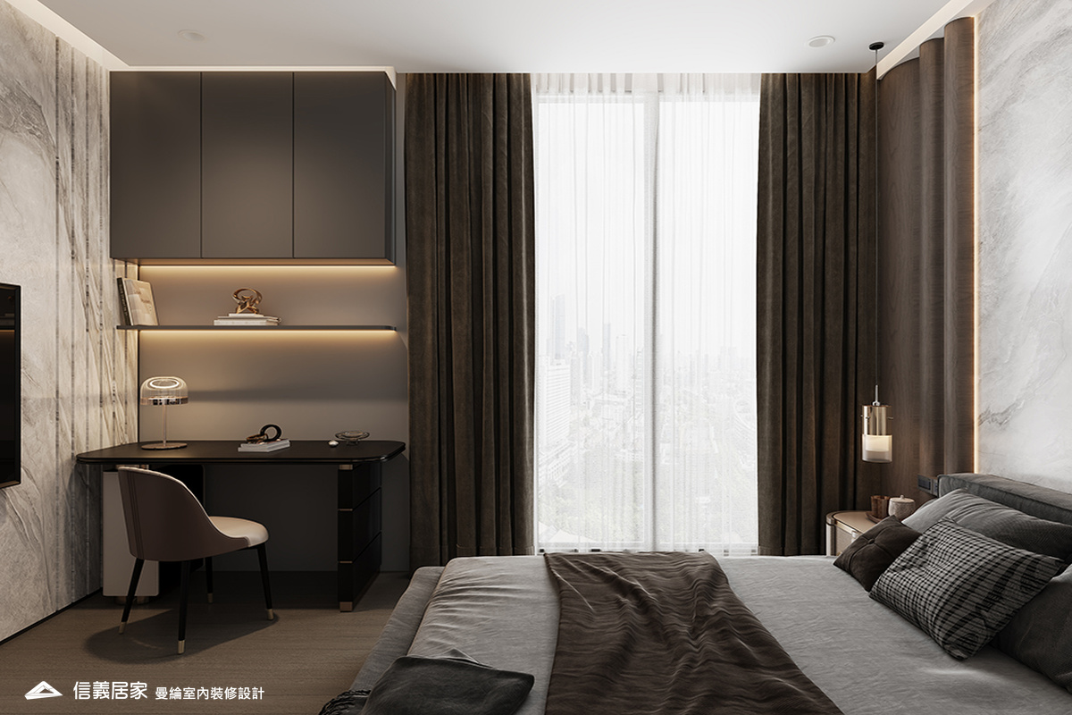 次臥1-4-退休宅 輕奢風 大板磚 鍍鈦飾條 格柵 美術吊燈