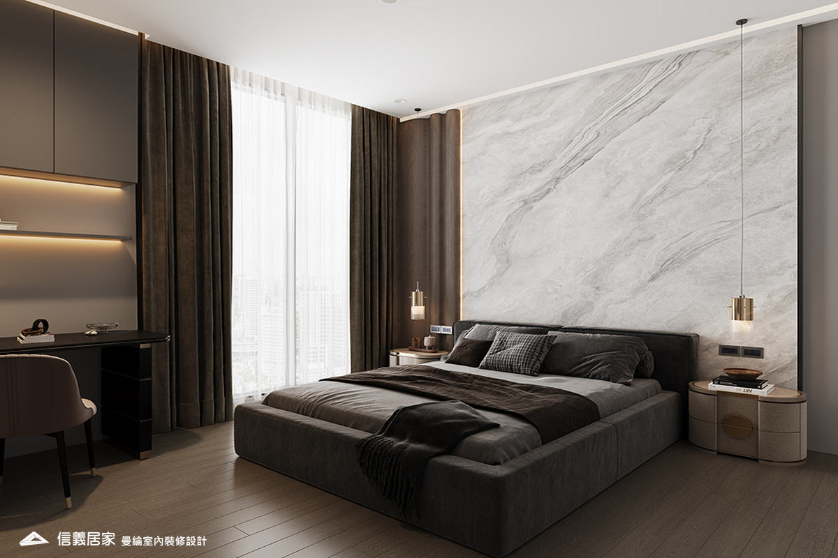 次臥1-5-退休宅 輕奢風 大板磚 鍍鈦飾條 格柵 美術吊燈