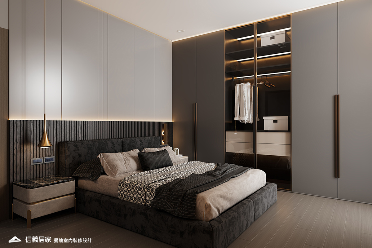 次臥2-1-退休宅 輕奢風 大板磚 鍍鈦飾條 格柵 美術吊燈