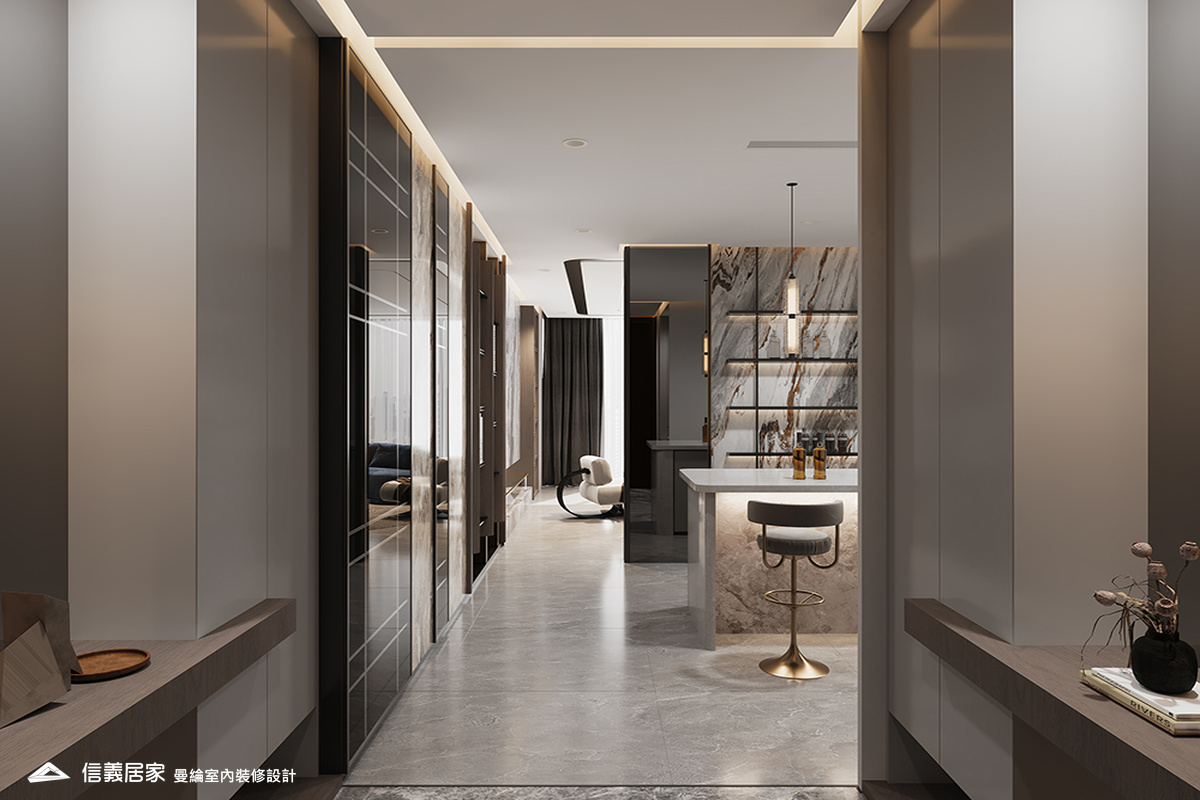 玄關-4-退休宅 輕奢風 大板磚 鍍鈦飾條 格柵 美術吊燈