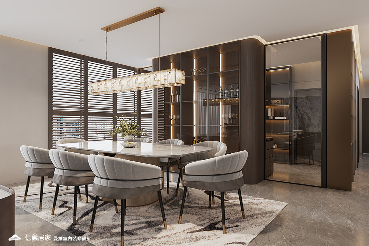 餐廳-1-退休宅 輕奢風 大板磚 鍍鈦飾條 格柵 美術吊燈